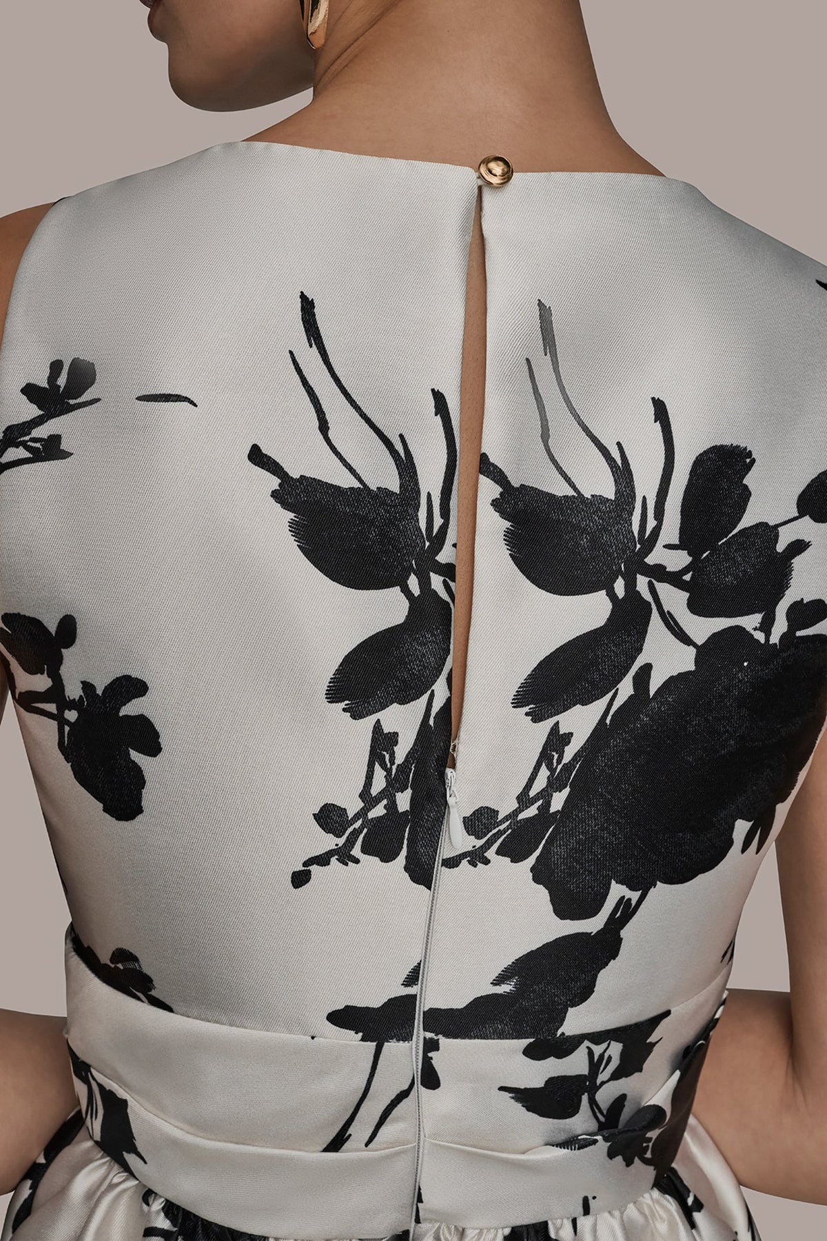MIKADO SLEEVELESS V-NECK FLORAL GOWN