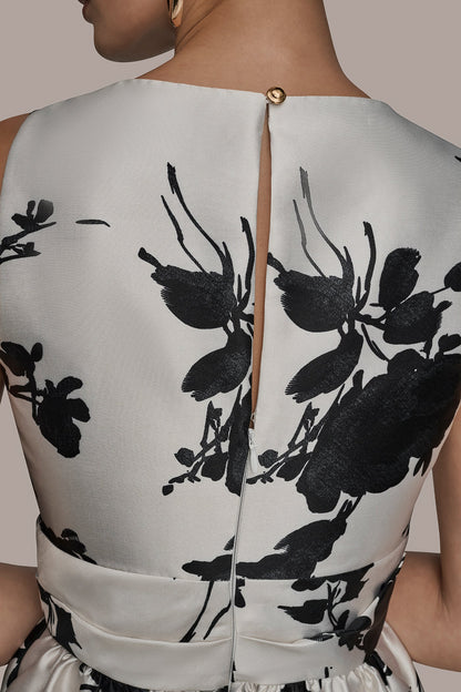 MIKADO SLEEVELESS V-NECK FLORAL GOWN