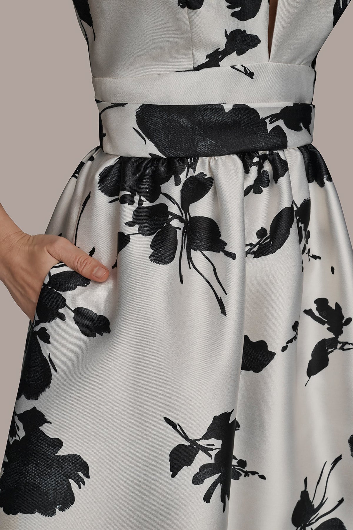 MIKADO SLEEVELESS V-NECK FLORAL GOWN