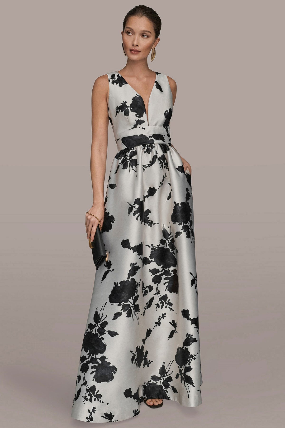 MIKADO SLEEVELESS V-NECK FLORAL GOWN