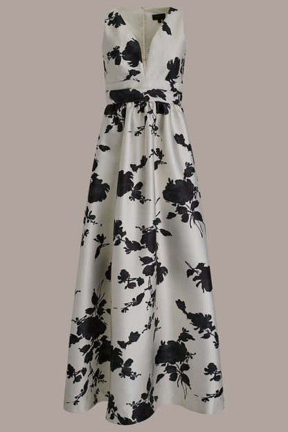 MIKADO SLEEVELESS V-NECK FLORAL GOWN