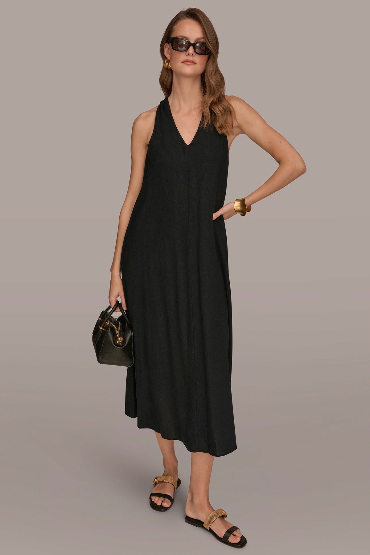 LINEN-BLEND SLEEVELESS TWIST-BACK MIDI HALTER DRESS
