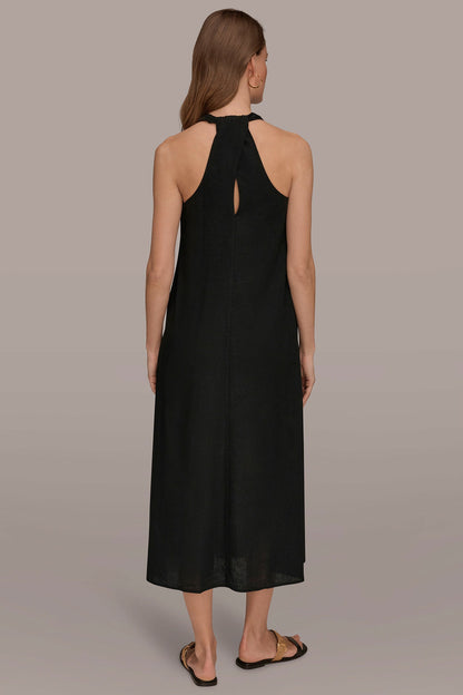 LINEN-BLEND SLEEVELESS TWIST-BACK MIDI HALTER DRESS