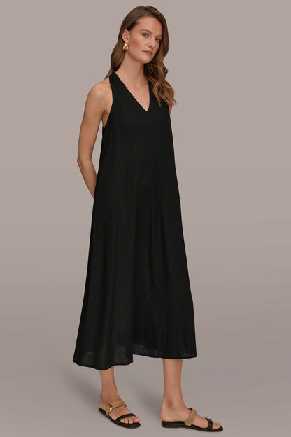 LINEN-BLEND SLEEVELESS TWIST-BACK MIDI HALTER DRESS