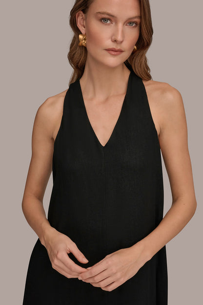 LINEN-BLEND SLEEVELESS TWIST-BACK MIDI HALTER DRESS