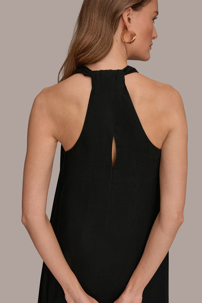 LINEN-BLEND SLEEVELESS TWIST-BACK MIDI HALTER DRESS