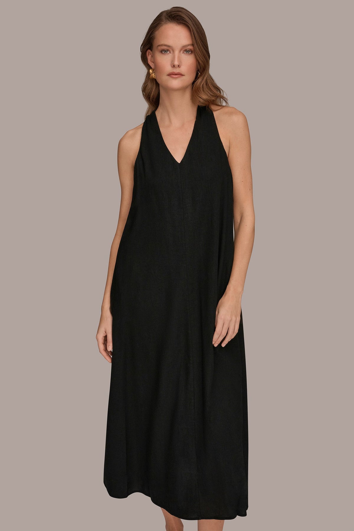 LINEN-BLEND SLEEVELESS TWIST-BACK MIDI HALTER DRESS