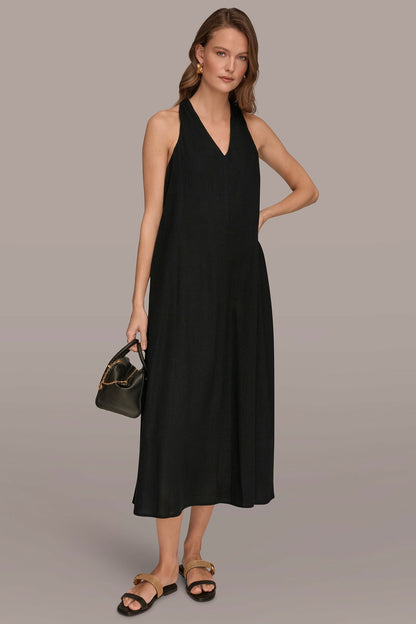 LINEN-BLEND SLEEVELESS TWIST-BACK MIDI HALTER DRESS