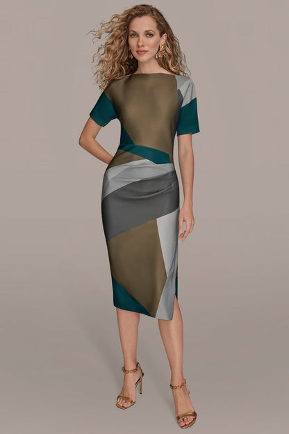 SHORT SLEEVE COLOR-BLOCK MIDI SHEATH DRESS