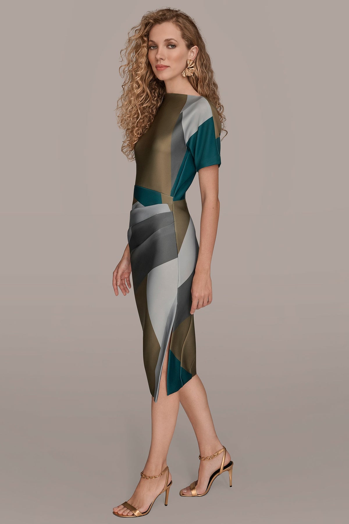SHORT SLEEVE COLOR-BLOCK MIDI SHEATH DRESS