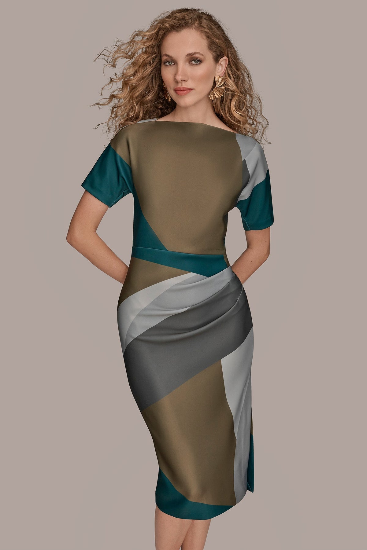 SHORT SLEEVE COLOR-BLOCK MIDI SHEATH DRESS