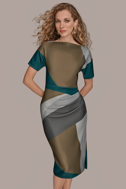 SHORT SLEEVE COLOR-BLOCK MIDI SHEATH DRESS