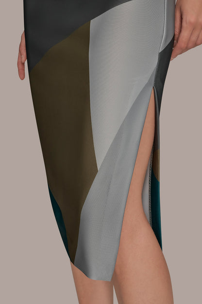 SHORT SLEEVE COLOR-BLOCK MIDI SHEATH DRESS