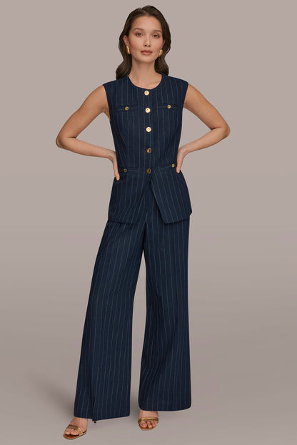LINEN-BLEND PINSTRIPE LONGLINE VEST