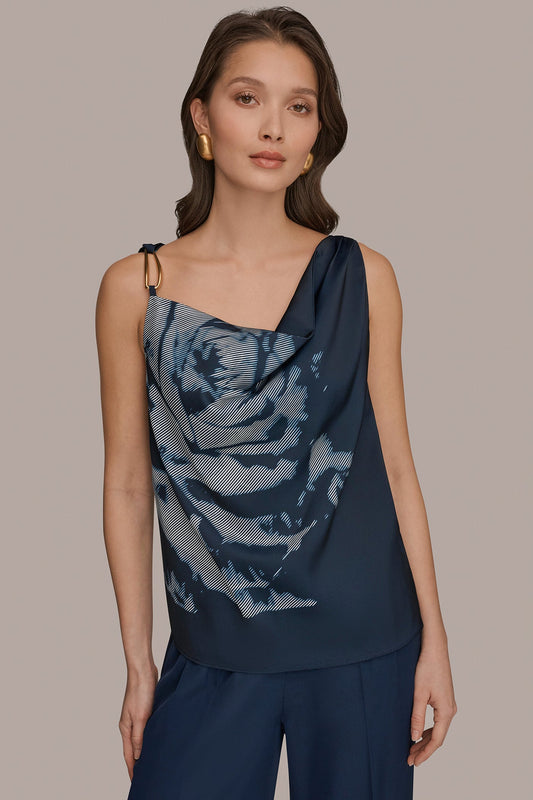FLORAL COWL-NECK CUTOUT SHOULDER CAMI