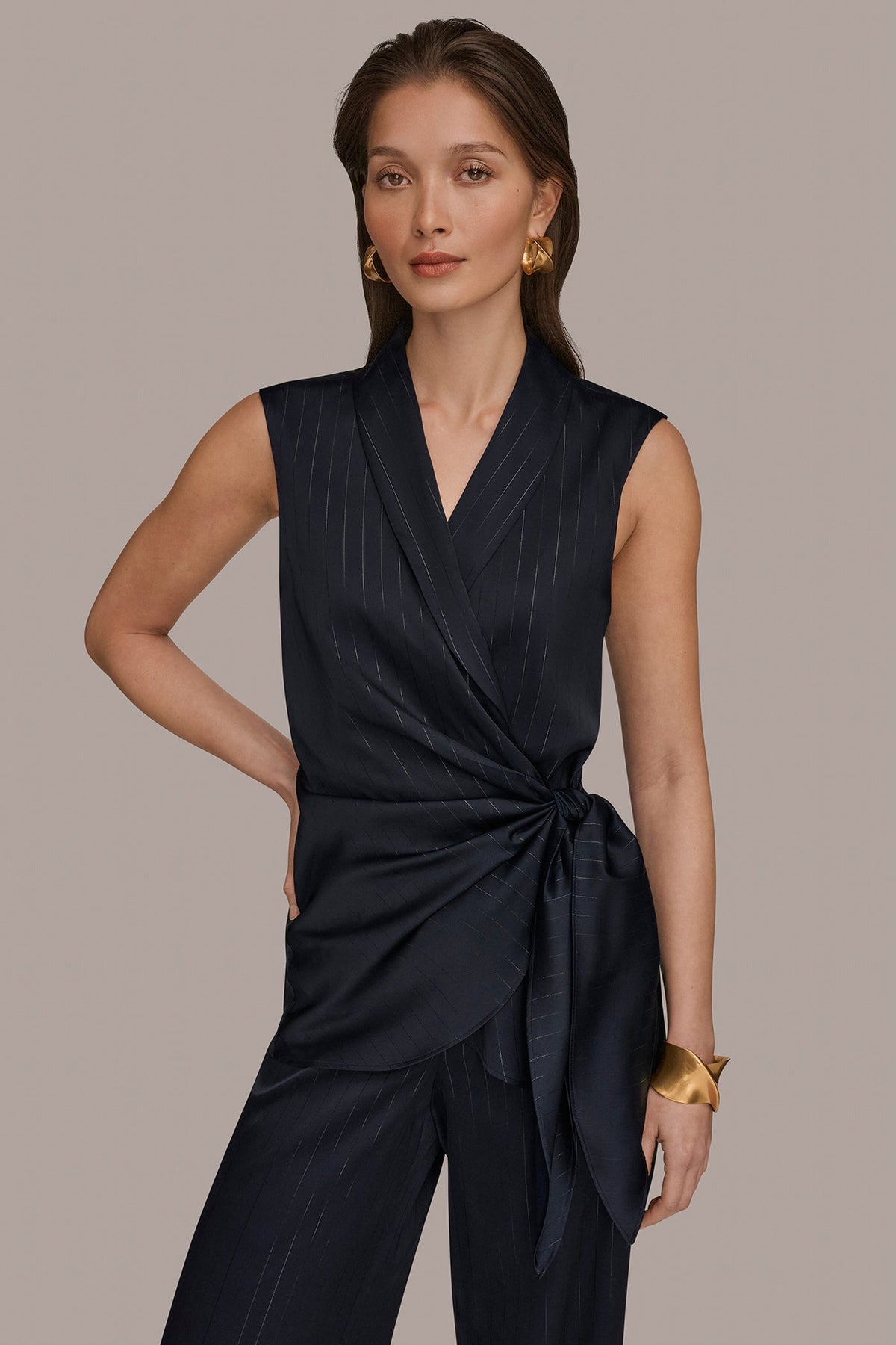 PINSTRIPE FAUX WRAP TOP