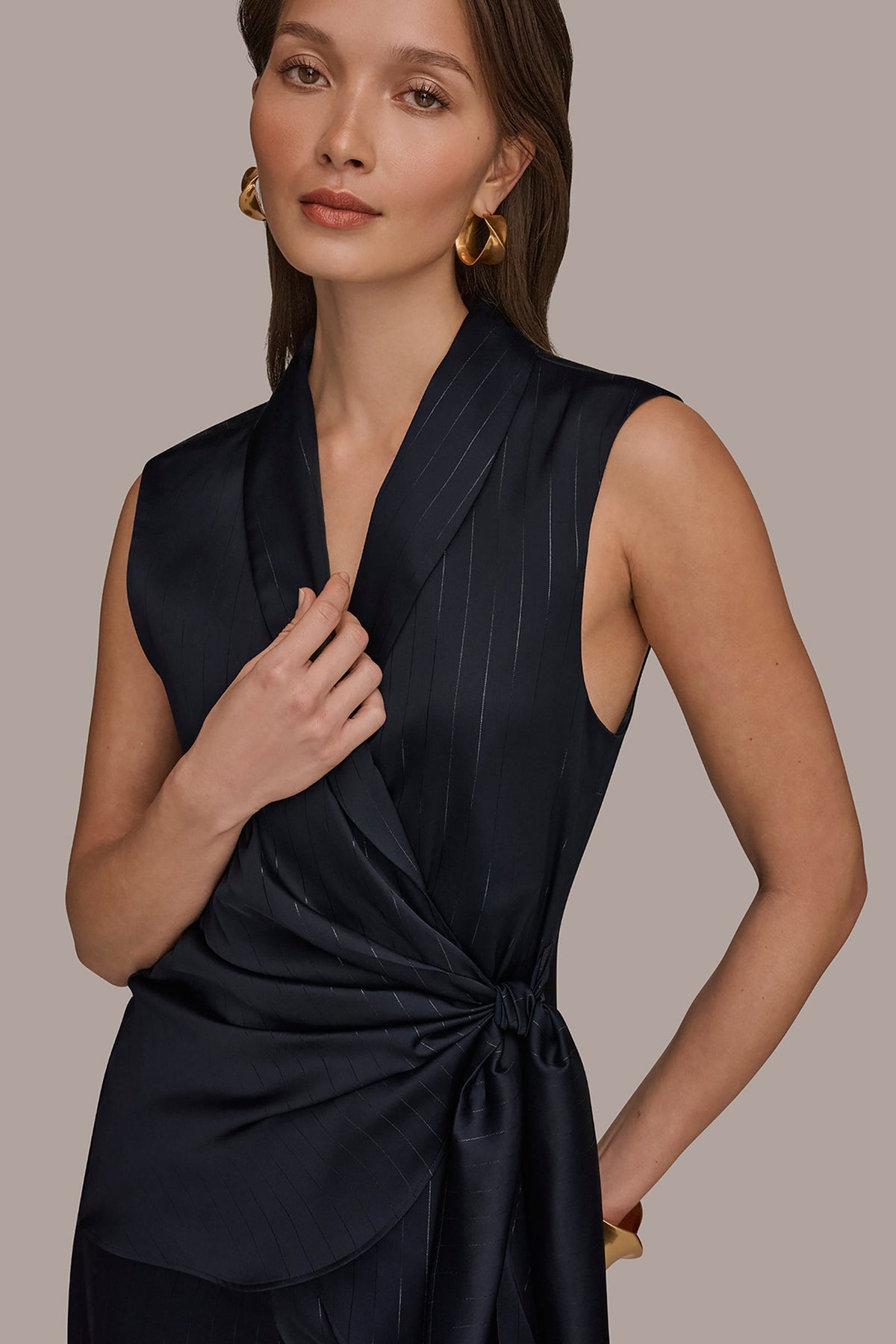 PINSTRIPE FAUX WRAP TOP