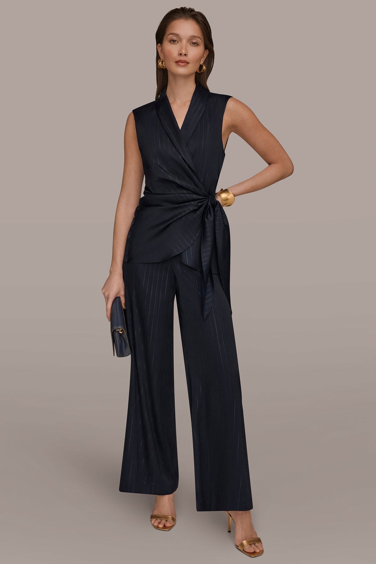 PINSTRIPE FAUX WRAP TOP