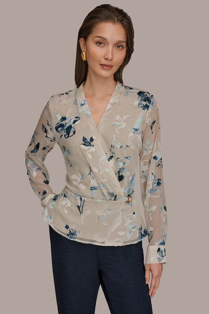 LONG SLEEVE BURNOUT FOIL WRAP BLOUSE