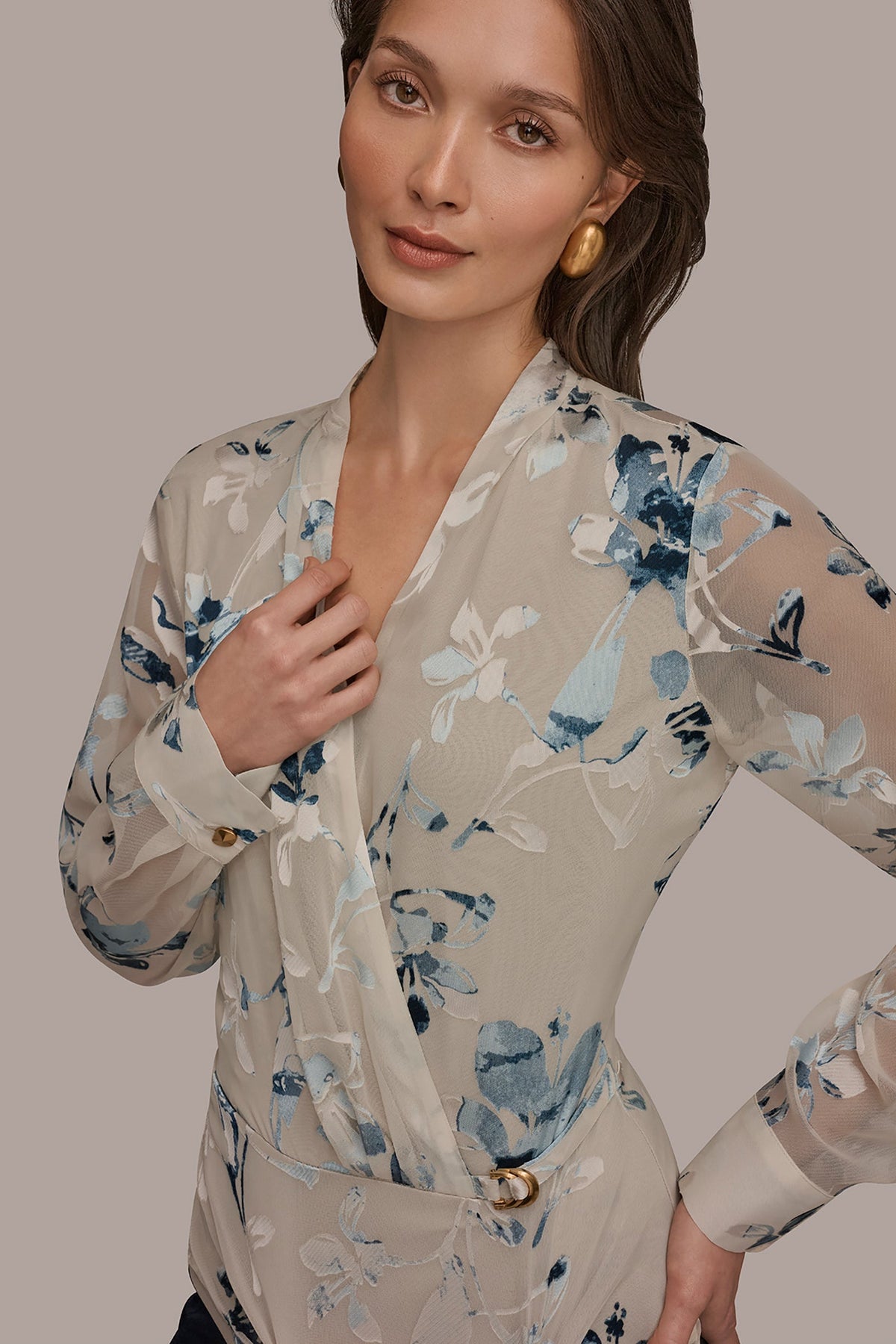LONG SLEEVE BURNOUT FOIL WRAP BLOUSE