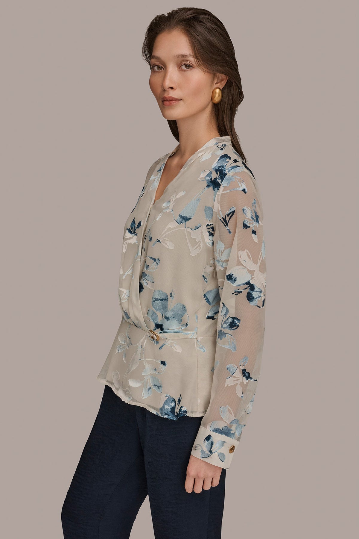 LONG SLEEVE BURNOUT FOIL WRAP BLOUSE