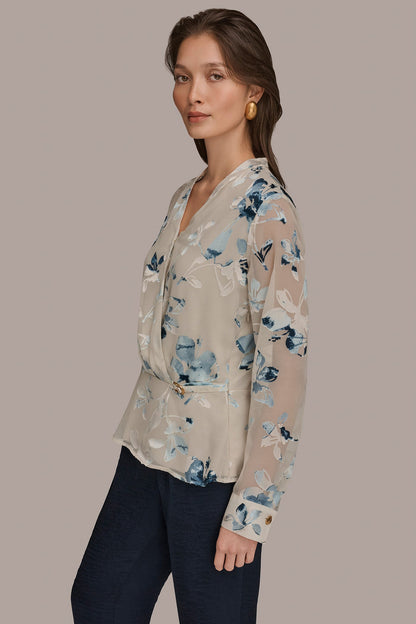 LONG SLEEVE BURNOUT FOIL WRAP BLOUSE