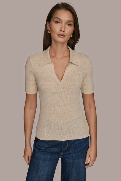 ELBOW-SLEEVE METALLIC RIBBED POLO SWEATER