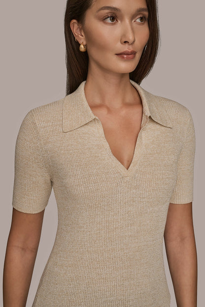 ELBOW-SLEEVE METALLIC RIBBED POLO SWEATER