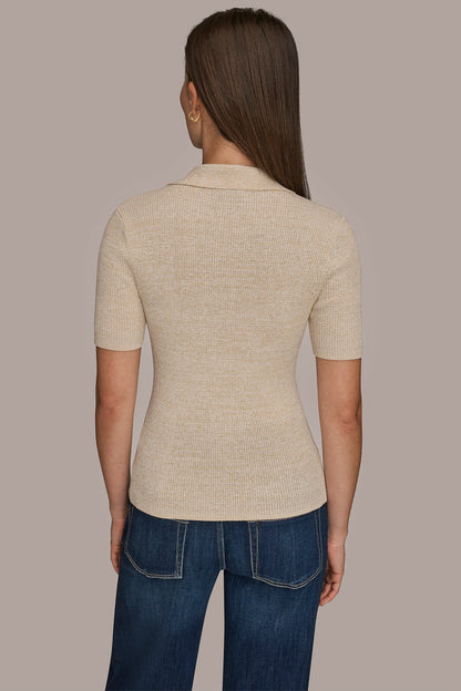 ELBOW-SLEEVE METALLIC RIBBED POLO SWEATER