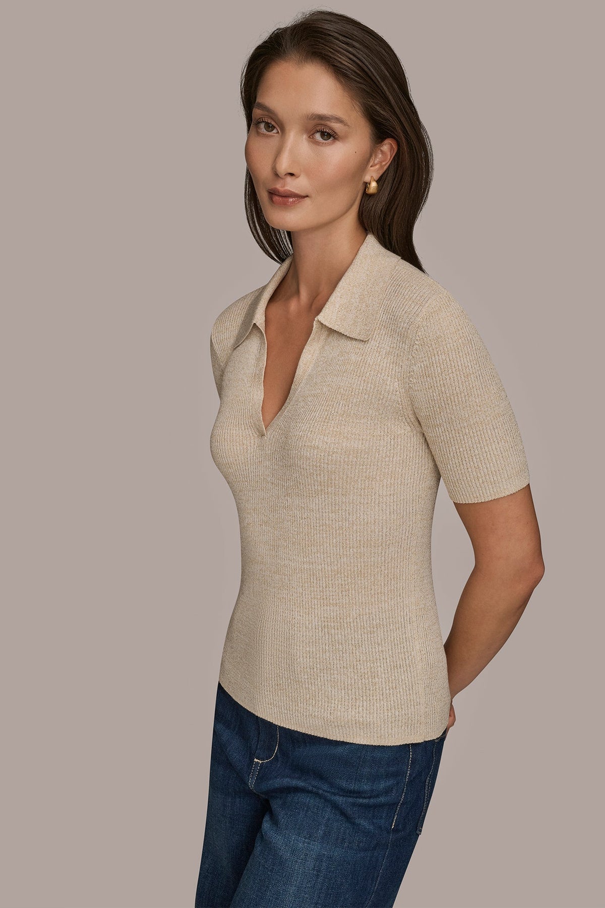 ELBOW-SLEEVE METALLIC RIBBED POLO SWEATER