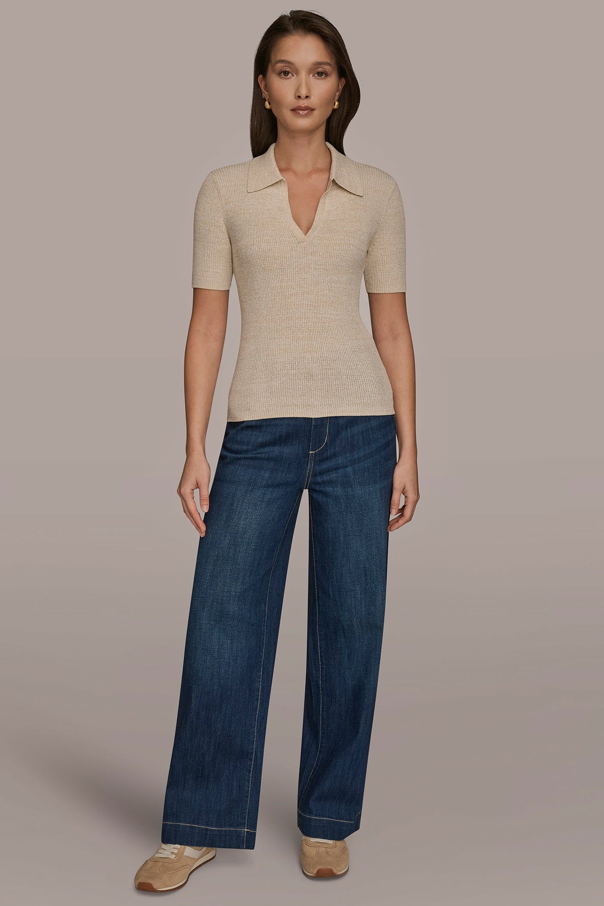 ELBOW-SLEEVE METALLIC RIBBED POLO SWEATER