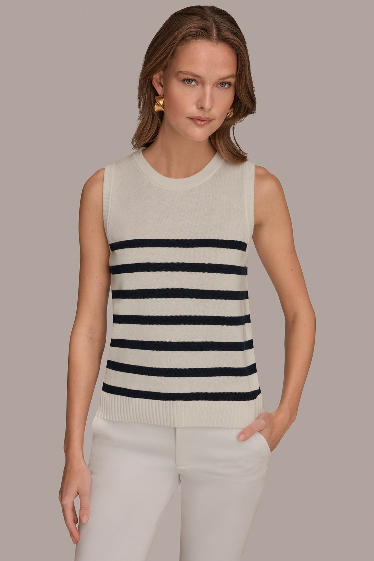 COTTON AND CASHMERE SLEEVELESS STRIPED SWEATER