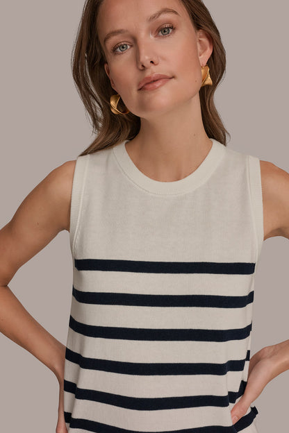 COTTON AND CASHMERE SLEEVELESS STRIPED SWEATER
