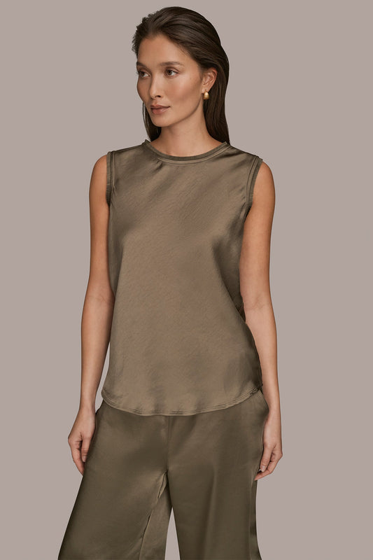 SATIN FRINGE-TRIMMED SLEEVELESS BLOUSE
