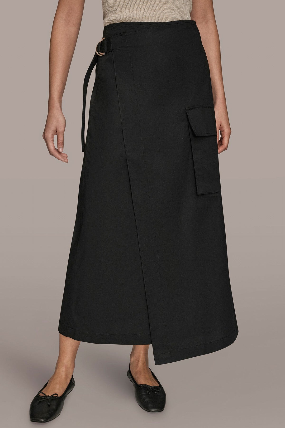 ASYMMETRIC MIDI WRAP CARGO SKIRT