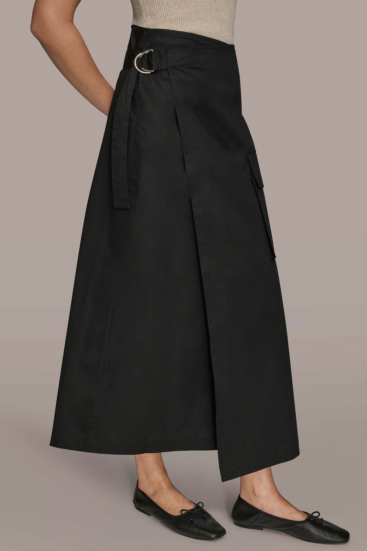 ASYMMETRIC MIDI WRAP CARGO SKIRT