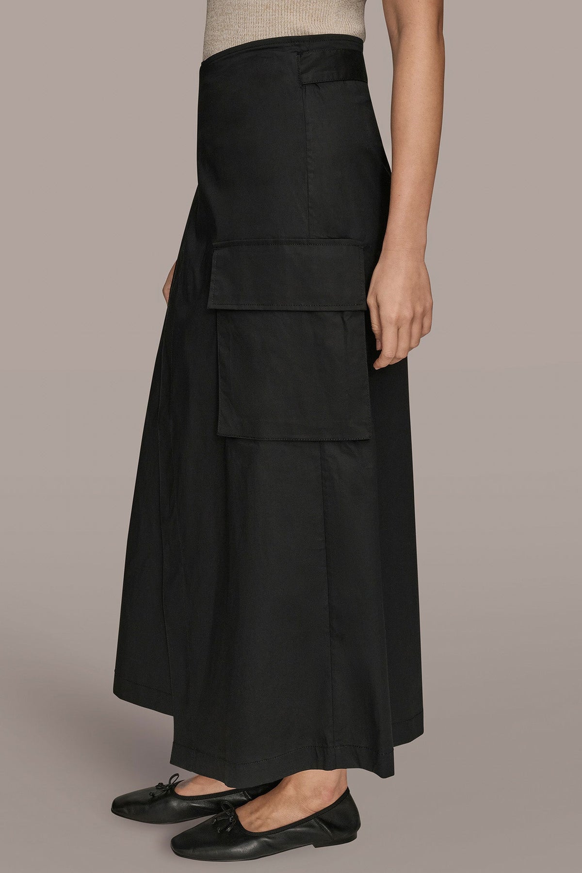 ASYMMETRIC MIDI WRAP CARGO SKIRT