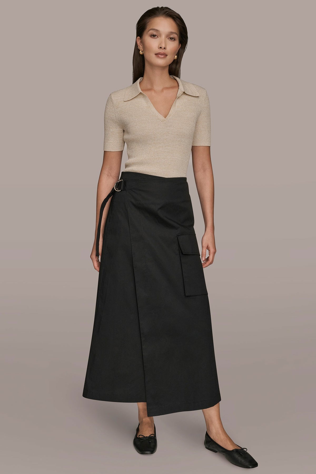 ASYMMETRIC MIDI WRAP CARGO SKIRT