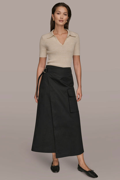 ASYMMETRIC MIDI WRAP CARGO SKIRT