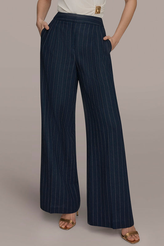 LINEN-BLEND PINSTRIPE WIDE-LEG SUIT PANT