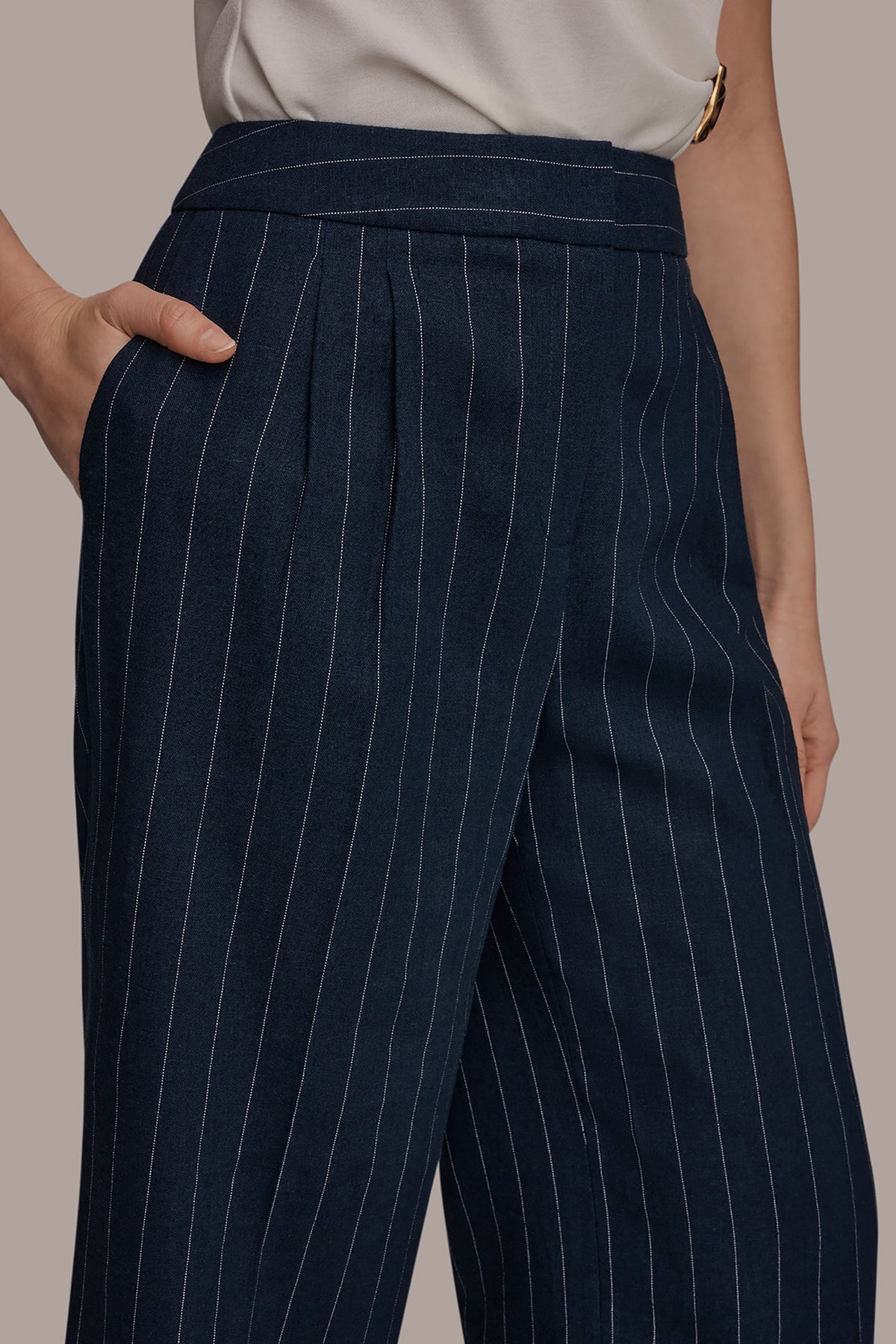 LINEN-BLEND PINSTRIPE WIDE-LEG SUIT PANT