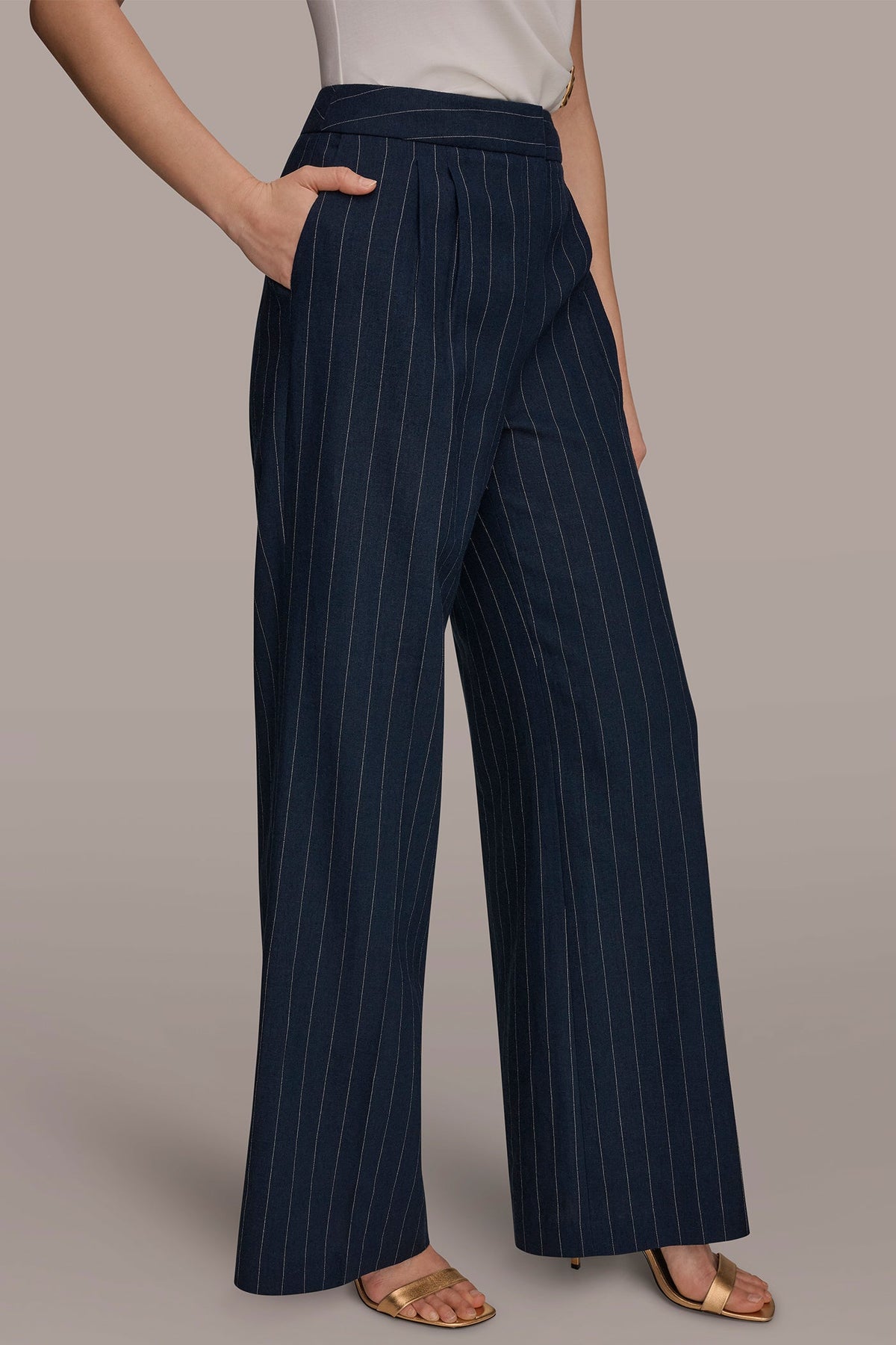 LINEN-BLEND PINSTRIPE WIDE-LEG SUIT PANT