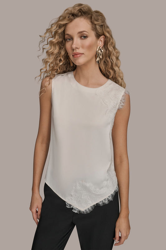 SLEEVELESS LACE-TRIM CREPE BLOUSE