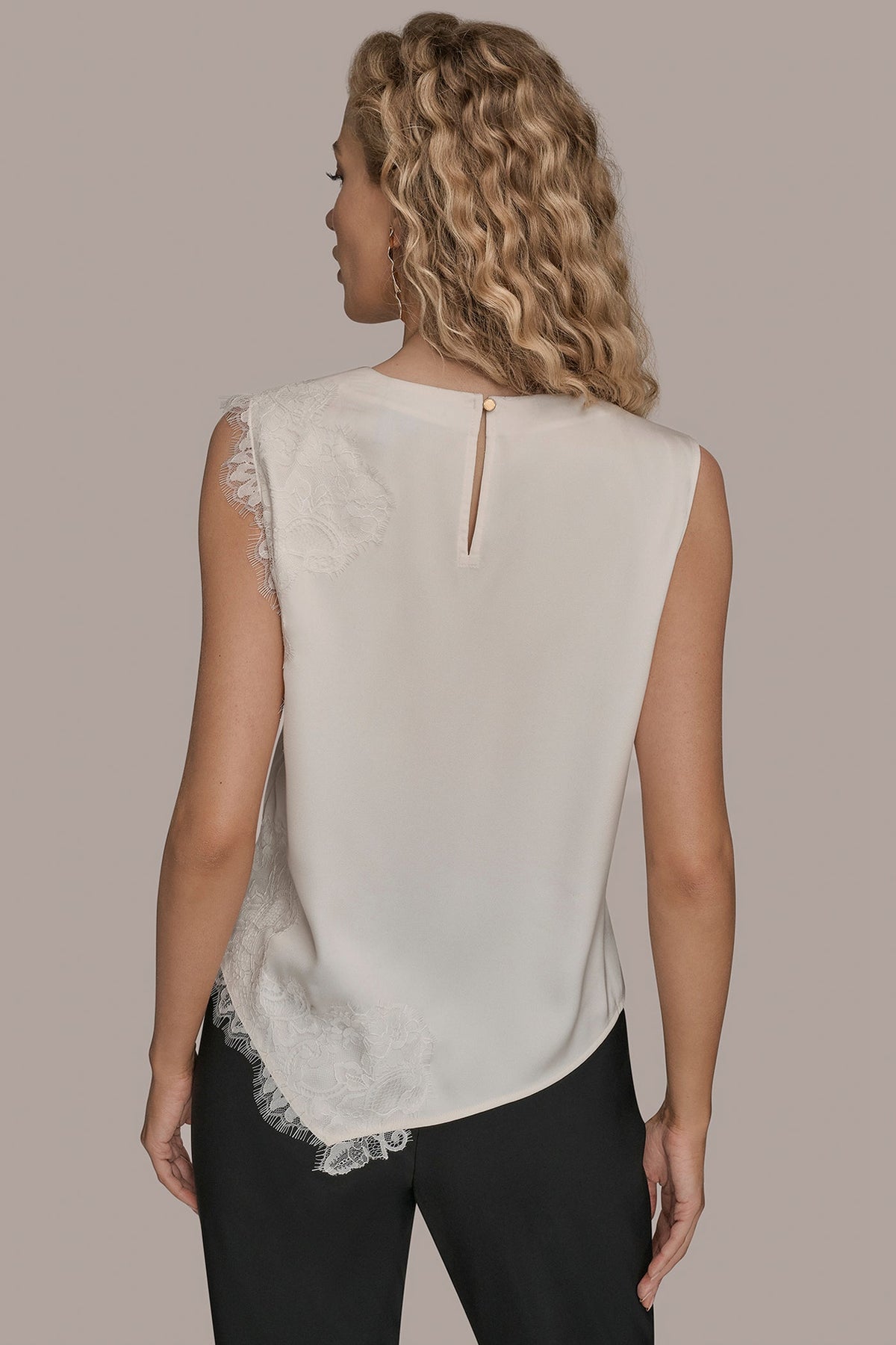 SLEEVELESS LACE-TRIM CREPE BLOUSE