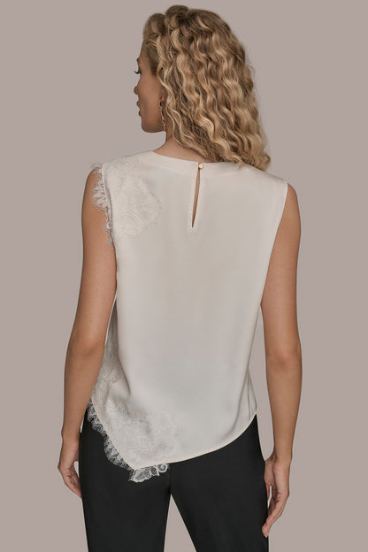 SLEEVELESS LACE-TRIM CREPE BLOUSE