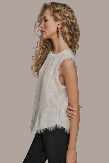 SLEEVELESS LACE-TRIM CREPE BLOUSE