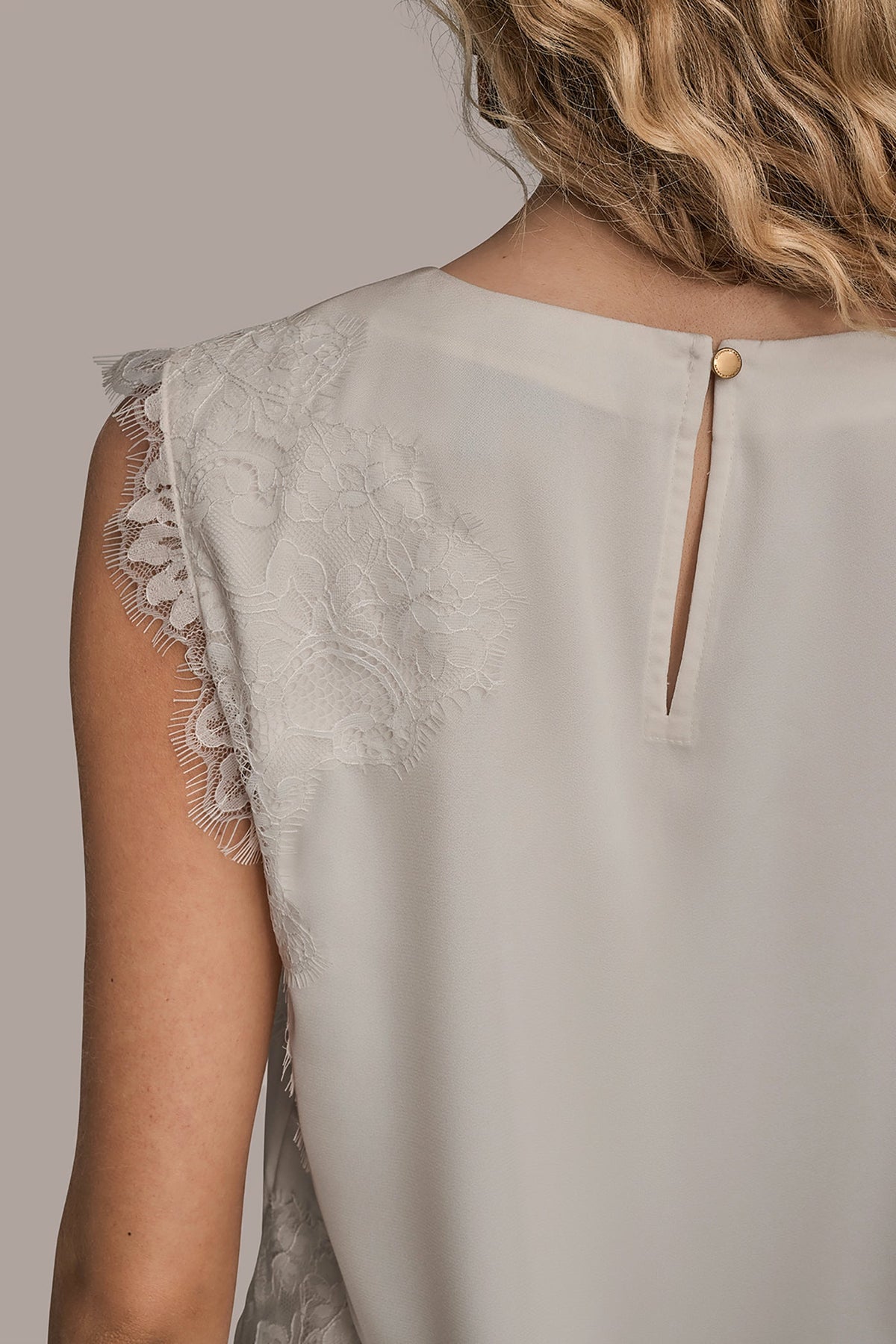 SLEEVELESS LACE-TRIM CREPE BLOUSE