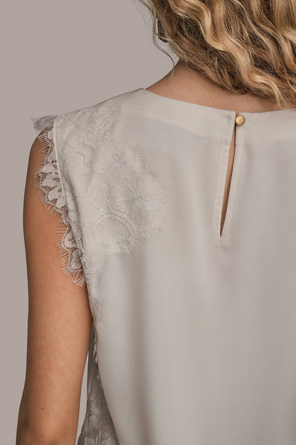 SLEEVELESS LACE-TRIM CREPE BLOUSE