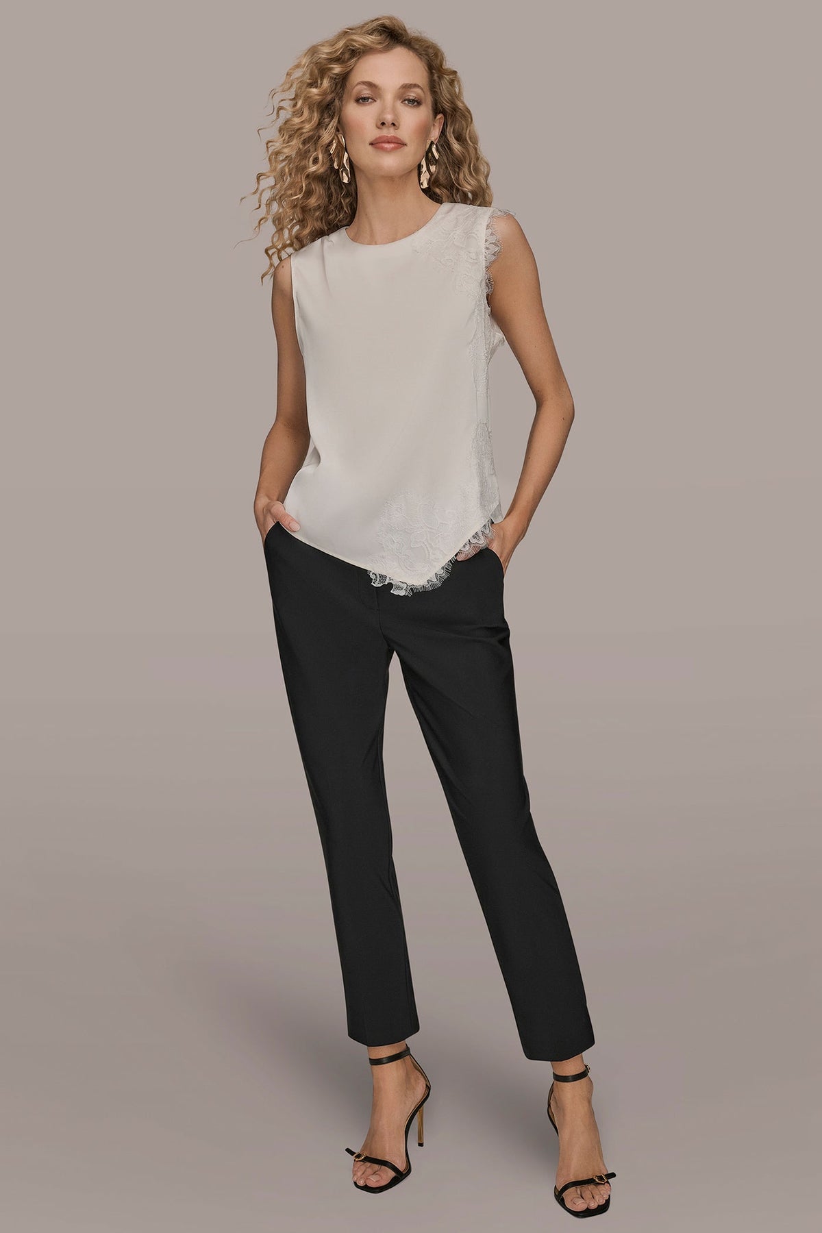 SLEEVELESS LACE-TRIM CREPE BLOUSE