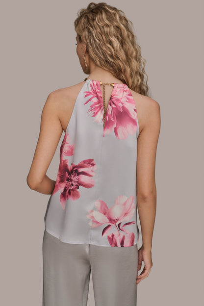 FLORAL TWIST-NECK HALTER BLOUSE